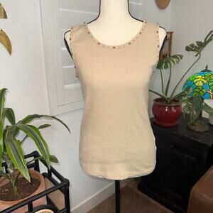 Vintage Y2K Beige Ribbed Tank Top Wooden Bead Trim Boho Medium